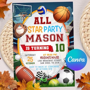 Convite de aniversário esportivo editável para impressão, convite esportivo, festa de aniversário esportiva, folheto temático esportivo, convite esportivo All Star