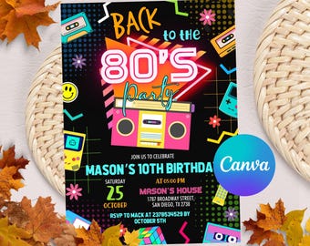 Editable 80's Birthday Invitation, 80's Birthday Party, 80's Birthday Invite, 80's Party Invite, Back to 80's, Neon Birthday Invite, Canva