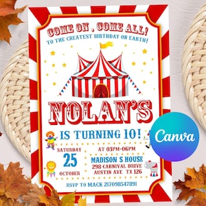 Bewerkbare sjabloon verjaardagsuitnodiging carnaval, circusverjaardagsuitnodiging, carnavalsuitnodiging, Instant Download