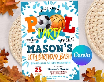 Editable Sports Pool Birthday Party Invite, Sport Birthday Invitation, Sports Pool Invite, Soccer Pool Party Basketball, Instant Download