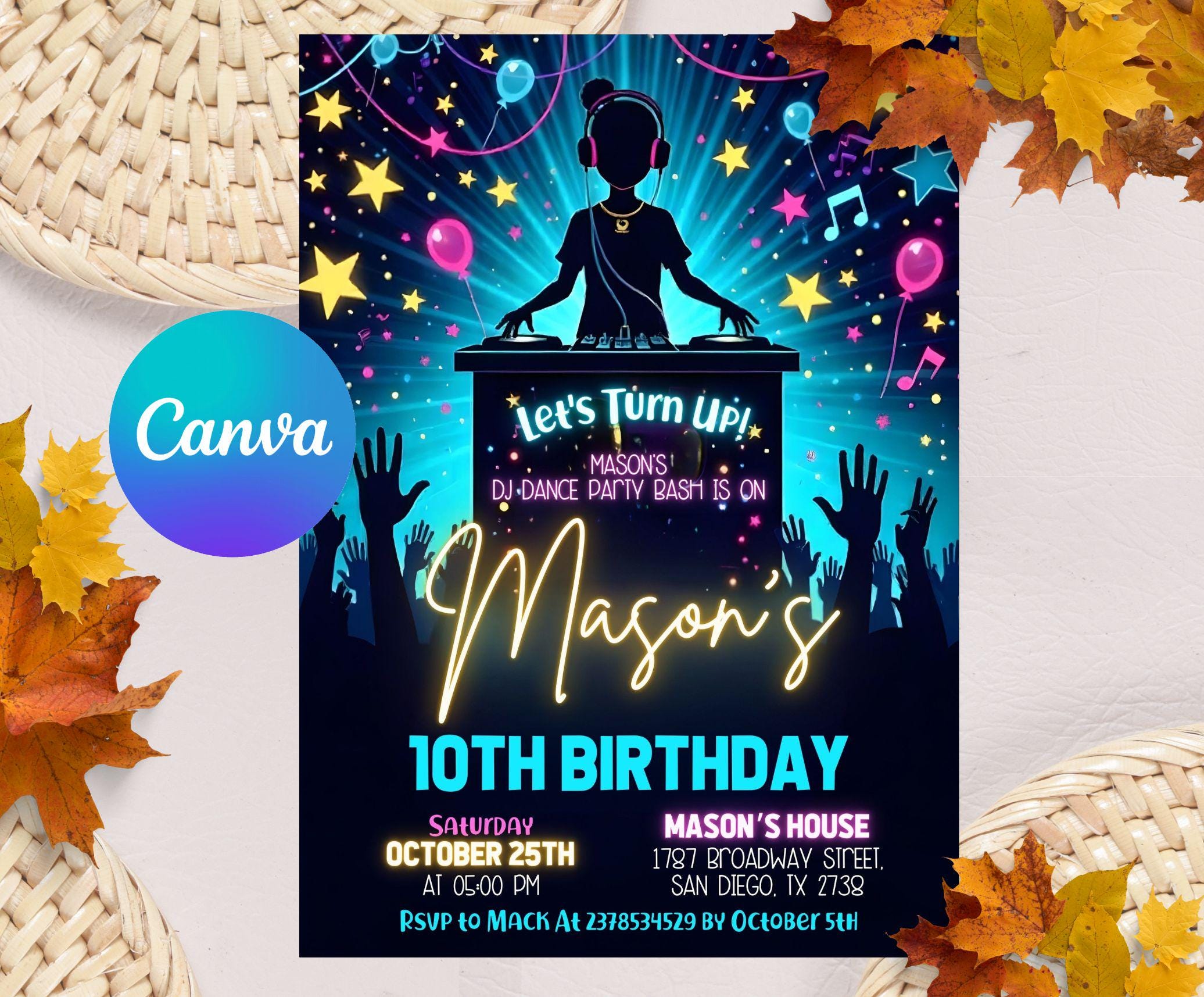 Editable DJ Dance Party Birthday Invitation, Custom DJ Dance Party ...