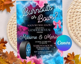 Burn-outs of strikken Gender Reveal-uitnodiging: autothema (digitale download Canva-sjabloon)