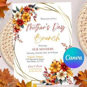 Invitación digital editable para brunch del Día de la Madre, invitación personalizada con peonías, plantilla editable de Canva