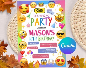 Invitación con emojis, invitación para fiesta con emojis, invitación de cumpleaños con emojis, invitación digital con emojis, editable con CANVA