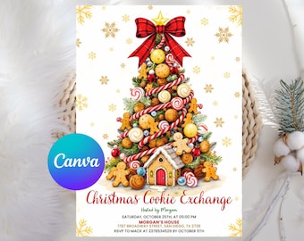 Convite para festa de decoração de biscoitos de Natal, convite para festa de fim de ano, festa de biscoitos de gengibre, modelo editável do Canva
