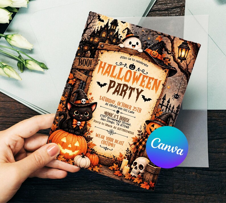 cute ghost birthday party invitation, ghost themed birthday invitation, cute ghost halloween invite, printable halloween ghost invite, halloween birthday invitation, boys girls halloween party invite, spooktacular kids halloween invite, editable ghost party invite, kids spooky birthday party invite, canva halloween birthday template, custom halloween birthday invite, editable canva ghost invitation, instant download halloween invitation, orange black ghost party template