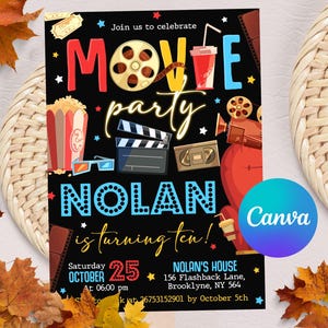Editable Movie Birthday Invitation, Movie Night Invitation, Cinema Invitation, Digital Kids Party Invite with CANVA