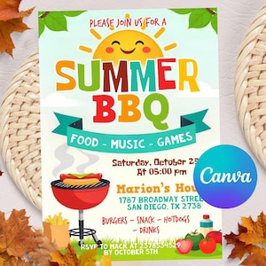 Könnte beinhalten: Eine farbenfrohe Einladung zu einem Sommer-BBQ mit einem lächelnden Sonnensymbol und dem Text "SUMMER BBQ". Die Einladung enthält Details zu Essen, Musik und Spielen, mit einer roten Grillgrafik und den Veranstaltungsdetails.