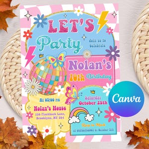 Könnte beinhalten: Eine farbenfrohe Geburtstagseinladung mit den Worten "LET'S Party". Das Design beinhaltet eine Discokugel, Schmetterlinge und einen Regenbogen. Die Einladung ist für "Nolan's 10th Birthday".