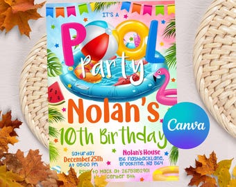 Editable Pool Party Invitation, Swim Party Invite, Tropical Birthday Pool Party Invitation, Swimming Party CANVA Template