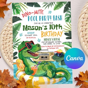 Invitación editable para fiesta en la piscina de dinosaurios, fiesta en la piscina de dinosaurios Dino-mite, plantilla para fiesta en la piscina de dinosaurios, descarga instantánea de fiesta en la piscina de dinosaurios