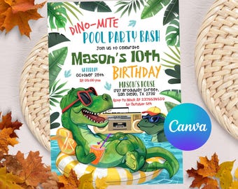 Editable Dinosaur Pool Invitation, Dino-mite Dinosaur Pool Party, Dinosaur Pool Party Template, Dinosaur Pool Instant Download
