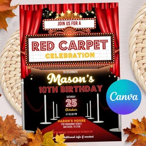 Red Carpet Birthday Invitation, Red Carpet Event Hollywood Invitation, Red Carpet Party, Editable in Canva