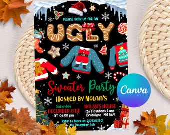 Può includere: Un invito in bianco e nero per una festa di maglioni brutti organizzata da Nolan's. L'invito presenta un omino di pan di zenzero, bastoncini di zucchero, fiocchi di neve e un albero di Natale. La festa è sabato 25 dicembre alle 18:00 presso la casa di Nolan, 156 Flashback Lane, Brooklyne, NY 564. RSVP a Mack al 26753152901 entro il 5 dicembre.