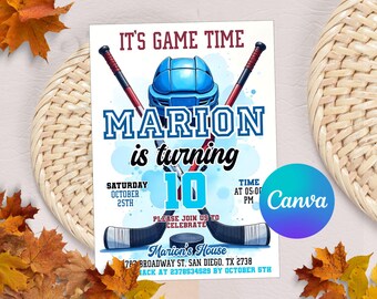 May include: A hockey-themed birthday invitation. The design includes a blue hockey helmet, crossed hockey sticks, and the text "Marion is turning 10." The invitation also displays the date, time, and location of the party.