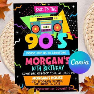 Convite de aniversário editável dos anos 90, convite para festa dos anos 90, convite para aniversário dos anos 90, festa de aniversário retrô, convite para celular, impressão digital