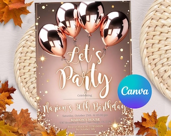 Editable Rose Gold Birthday Invitation, Rose Gold Invitation Template, Let's Party Rose Gold Balloons Invite, Instant Download