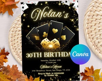 Invitación de cumpleaños de casino, invitación con temática de casino, fiesta de cumpleaños de compromiso con póker en una noche de casino, descarga digital, plantilla editable de Canva