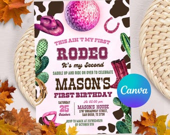 Cowgirl-Geburtstagseinladung, Nashville-Party, rosa Cowgirl-Party einladen, Weltraum-Cowgirl-Geburtstag, Disco Rodeo einladen, bearbeitbare Canva-Vorlage