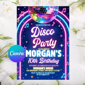 Editable Disco Party Birthday Invitation, Disco Ball Birthday, Neon Party Invites, Disco Theme Party, Neon Party Invites, Canva Template