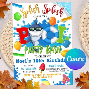 Editable Shark Pool Party Invitation, Shark Birthday Invitation, Shark birthday, Shark Party, Digital Printable