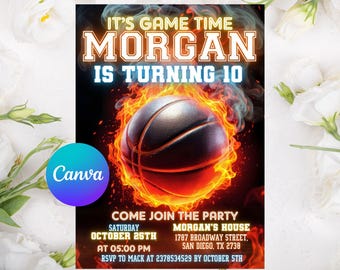 Invito di compleanno a tema basket modificabile, invito di compleanno per festa sportiva, tema sportivo, festa di compleanno per bambini, inviti stampabili a tema basket