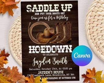 Convite editável para festa de aniversário de Western Hoedown, prepare-se e calce suas botas, convite de aniversário de cowboy para impressão, modelo Canva