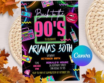 Editable 90's Birthday Invitation, 90's Party Invitation, 90's Birthday Invite, Retro Birthday Party, Mobile Invite, Canva Template