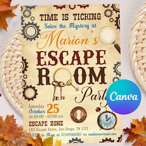 Bearbeitbare Escape Room Einladung, Mystery Birthday Party einladen, Kids Escape Room-Geburtstagsfeier, Detektiv Spieleabend, Digital CANVA