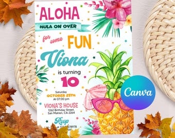 Aloha Luau Birthday Invitation, Luau Birthday Invite, Hawaiian Birthday Party, Aloha Luau Invite, Instant Download, Editable Canva Template