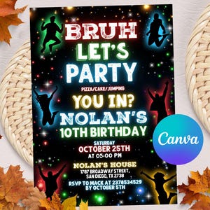 Pode incluir: Um convite para uma festa de aniversário em neon verde, vermelho e amarelo com o texto "Bruh Let's Party" e "You In? Nolan's 10th Birthday". O convite inclui os detalhes da festa, incluindo a data, a hora e o local.