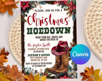 Könnte beinhalten: Eine Weihnachtsfeier-Einladung mit rustikalem Holz-Hintergrund und roten und grünen Stechpalmen-Dekorationen. Der Text lautet: "Bitte schließen Sie sich uns zu einem Christmas Hoedown an. Schnappen Sie sich Ihren Hut, Ihre Stiefel und kommen Sie zu The Jayden Smith, Samstag, 25. Oktober, um 17:00 Uhr, Jayden's House, 156 Flashback Lane, Brooklyne, NY 564. Bitte melden Sie sich bei Mack unter 26753152901 bis zum 5. Oktober."