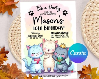 Cat Birthday Invitation, Cat Themed Invitation, Printable Kitten Invite, Digital invitation, Pet invitations, Canva Editable Template