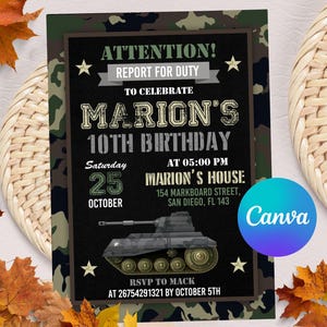 Military Party Invitations, Army Birthday Invitation, Soldier Birthday Invitation, Military Invite, Camouflage Invite, Canva Template