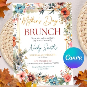 Invitación editable para brunch del Día de la Madre, invitación para el Día de la Madre, fiesta de brunch del Día de la Madre, invitación floral, plantilla de Canva