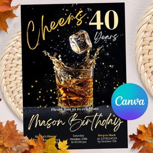 Whiskey Birthday Invitation, Surprise Party Adult, 30th 40th 50th Any Age, Cognac Scotch Liquor, Adult Men Birthday Invite, Instant Download