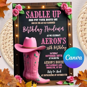 Pink Cowgirl Birthday Invitation, Western Hoedown Birthday, Cowgirl Invitation, Floral Boots Country Western Invite, Pink Rodeo, Saddle Up