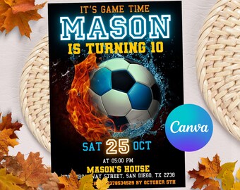 Editable Soccer Birthday Invitation Digital, Soccer Party Invite, Football Birthday Evite, Let's Kick Up Some Fun, Canva Template