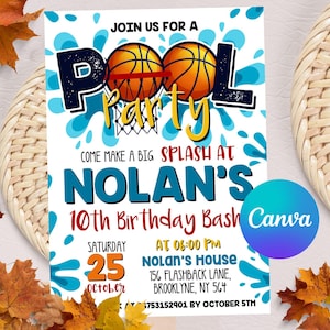 Puede incluir: Una invitación a una fiesta de piscina azul y blanca con balones de baloncesto y salpicaduras de agua. La invitación es para la fiesta de cumpleaños número 10 de Nolan, el sábado 25 de octubre a las 6:00 PM en la casa de Nolan. La dirección es 156 Flashback Lane, Brooklyne, NY 564. Confirma tu asistencia antes del 5 de octubre.