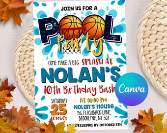 Editable Basketball Pool Party Invitation, Basketball Pool Party, Pool Party Invitation, Sports Basketball, Instant Download
