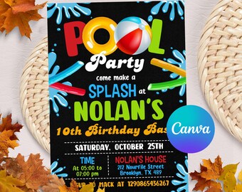 Editable Pool Party Invitation, Swim Party Invite, Tropical Birthday Pool Party Invitation, Swimming Party CANVA Template