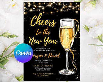 New Year's Eve Party Invitation Template, Editable Gold New Year's Party Invitation, NYE Party Invite Printable, Instant Download