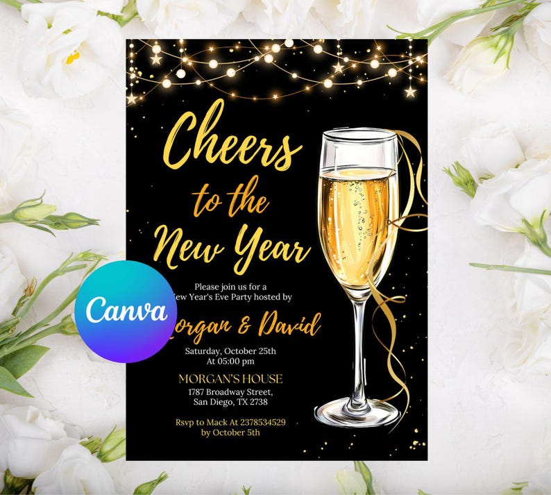 New Year's Eve Party Invitation Template, Editable Gold New Year's Party Invitation, NYE Party Invite Printable, Instant Download, EDITABLE New Years Party Invitation, Cheers To The New Year, Printable 2026 New Years Eve Party Invitation, Cheers to New Year's Party Invitation, Gold Glitter, New Year Cocktails Party, NEY Eve Invite, Black Gold Invite, Cheers To The New Year NYE Party Invitation Template, Printable Confetti New Year's Invite, Editable Champagne Invite, Template Instant Download