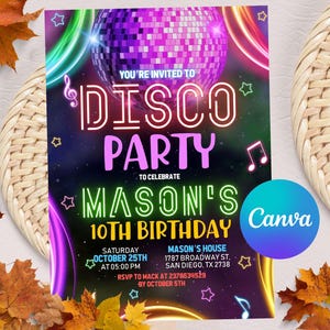 Disco Party Birthday Invitation, Disco Gender Neutral Invites, Dance Party Template, Neon Party Invites, Glow Party, Instant Download