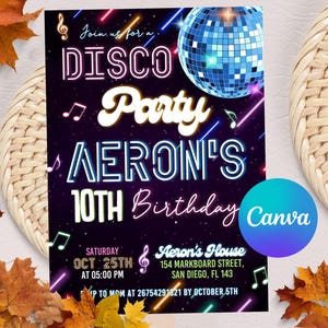 Verjaardagsuitnodiging discofeest, disco genderneutrale uitnodigingen, sjabloon dansfeest, neonfeest nodigt, Glow Party, Instant Download