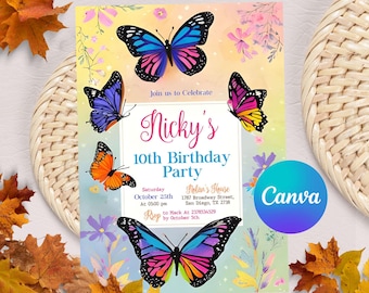 Butterfly Invitation, Butterfly Birthday Invitation, Purple Butterfly Theme Invitation Pink Butterfly Party, Editable Digital Template
