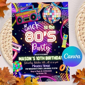 Bearbeitbar 80er Geburtstagseinladung, 80er Geburtstagsparty, 80er Geburtstag einladen, 80er Party einladen, Back to 80er, Neon Geburtstag einladen, Canva