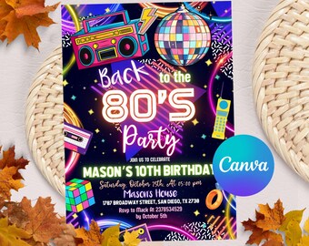 Editable 80's Birthday Invitation, 80's Birthday Party, 80's Birthday Invite, 80's Party Invite, Back to 80's, Neon Birthday Invite, Canva