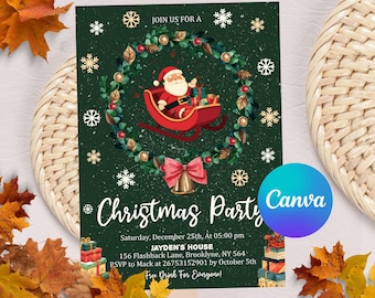 May include: A green Christmas party invitation with a wreath, Santa Claus in a sleigh, and the text "JOIN US FOR A Christmas Party". The invitation includes the date, time, location, and RSVP information.