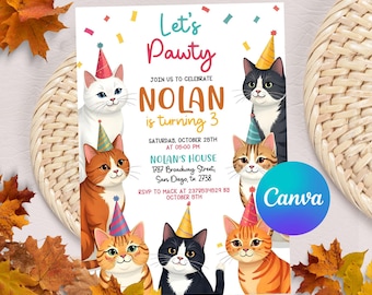 Cat Birthday Party Invitation, Cat Theme Birthday Invite, Kitty Cat Birthday Invitation, Cat Invitation, Editable Digital Template